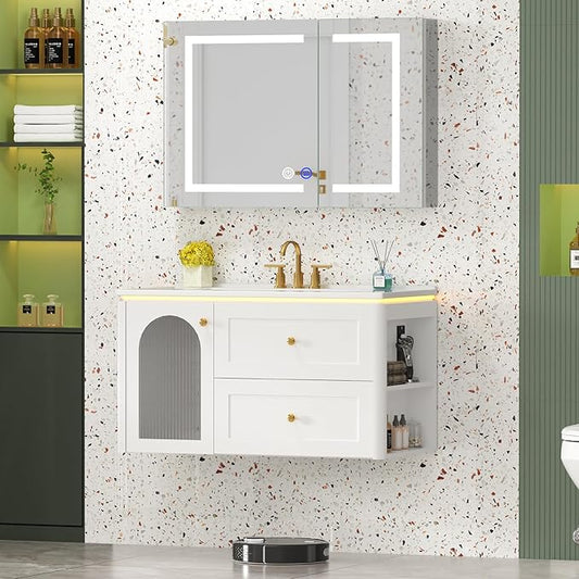 36 inch Floating Bathroom Vanity with Sink, Soft-Close Storage Cabinet and 2 Drawers, Wall-Mounted Modern LED Bathroom Cabinet with Ceramic Integrated Sink, White