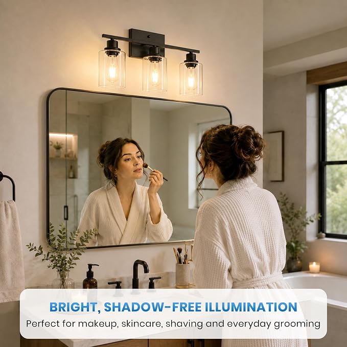 Ascher 3 Light Bathroom Light Fixture, Matte Black Bathroom Lighting Fixtures Over Mirror, Vanity Light with Clear Glass Shade, Wall Sconce for Living Room Bedroom Cabinet, E26 Base