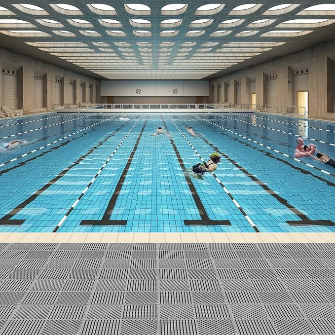 18 Pack Modular Interlocking Floor Mat Rubber Outdoor Tiles with Drainage Holes for Swimming Pool Bathroom Shower Sauna Room Garage Boat, 12" L×12" W×0.4" Th Gray