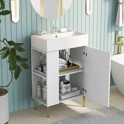 21.6 in Small Bathroom Vanity with Sink,Doors and Storage Shelves,Wood Modern Single Fluted Bathroom Sink Cabinet Freestanding (White,Left Shelf)