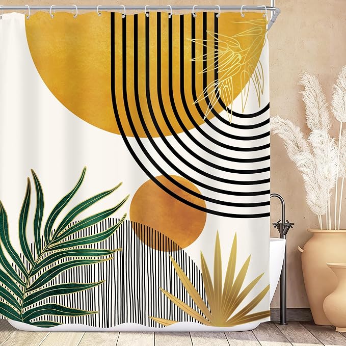 Mid Century Boho Abstract Modern Sun Minimalist Bathroom Shower Curtain Set | 60Wx72L Arch Curve design, waterproof HD print with fast-drying fabric and 12 hooks.