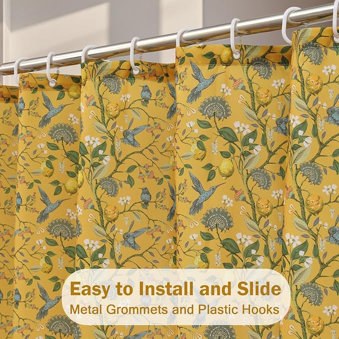 Yellow Floral Bird Shower Curtain 72x84, Hummingbird Jungle Botanical Shower Curtains, Victorian Vintage Farmhouse Chic French Country Style