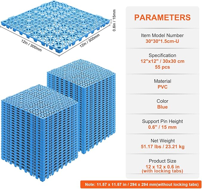 Happybuy Interlocking Tiles 55 PCS Blue, Drainage Tile 12x12x0.5 Inches, Outdoor Floor Interlocking Deck Tile, Flooring for Pool Shower Bathroom Deck Patio Garage Tiles
