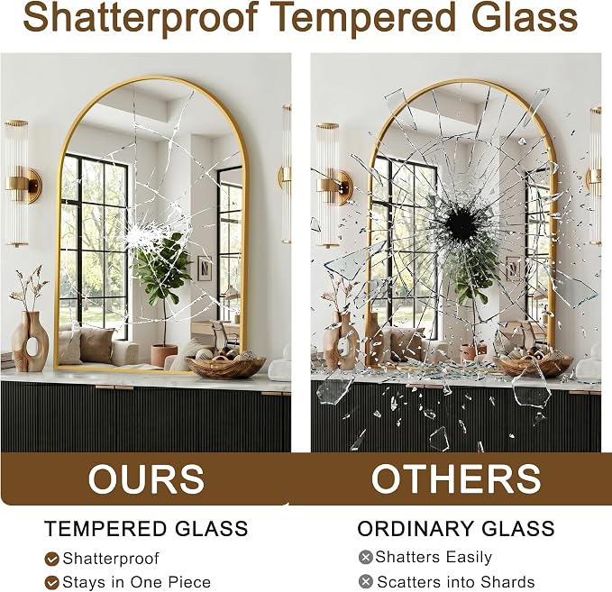 FGU Arched Bathroom Mirror for Over Sink 30"x20" Gold Vanity Mirror | Wall Mounted, HD Tempered Shatter-Proof Glass, Rust-proof Arched Metal Frame, Arch Mirror for Bedroom, Living Room, Entryway
