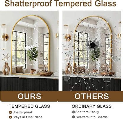 FGU Arched Bathroom Mirror for Over Sink 30"x20" Gold Vanity Mirror | Wall Mounted, HD Tempered Shatter-Proof Glass, Rust-proof Arched Metal Frame, Arch Mirror for Bedroom, Living Room, Entryway