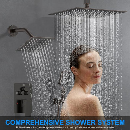 Shower Faucet Set, 12" Ceiling Mount Rainfall Shower System with 2 Rain Shower Head and Multi-function Handheld Head Push Button Diverter Shower Faucet Trim Kit (12", Oil Rubbed Bronze)