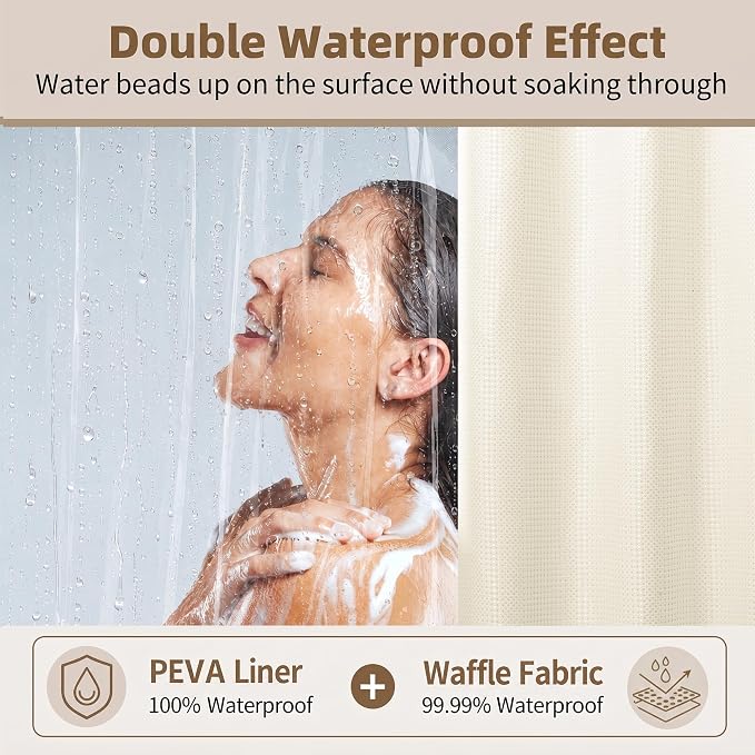 Siiluminisoy Shower Curtain and Liner Set, Waffle Shower Curtain Set with 12 Stainless Steel Hooks, Waterproof Luxury Fabric Shower Curtains for Bathroom and Hotel, Cream, 72" W x 72" H
