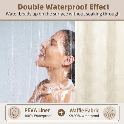 Siiluminisoy Shower Curtain and Liner Set, Waffle Shower Curtain Set with 12 Stainless Steel Hooks, Waterproof Luxury Fabric Shower Curtains for Bathroom and Hotel, Cream, 72" W x 72" H