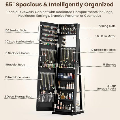 4-In-1 Jewelry Cabinet Jewelry Armoire Lockable Standing, Black | Jewelry Organizer with Storage, Full-Length Mirror, 3 Storage Shelves, Makeup Mirror, 360 ° Swivel Jewelry Armoire for Women