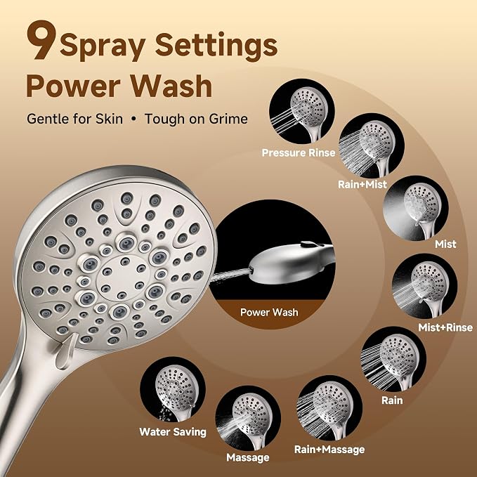 BRIGHT SHOWERS Rain Shower Head with Handheld Spray, High Pressure Dual Shower Head, Adjustable Extension Arm & Slide Bar, 9 Spray Modes Built-in Power Wash, 3-Way Diverter, 69" Hose, Brushed Nickel