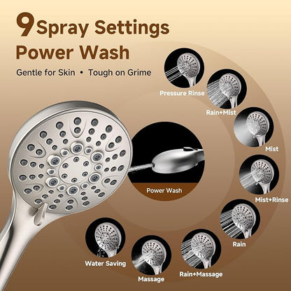 BRIGHT SHOWERS Rain Shower Head with Handheld Spray, High Pressure Dual Shower Head, Adjustable Extension Arm & Slide Bar, 9 Spray Modes Built-in Power Wash, 3-Way Diverter, 69" Hose, Brushed Nickel