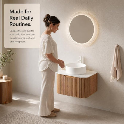 24 Inch Bathroom Vanity with Sink, Floating Wall Mounted Single Sink Vanity for Small Baths, Natural Woodgrain Curved Fluted Front, Stone Top, Pure White Round Vessel Basin, Pre-Assembled