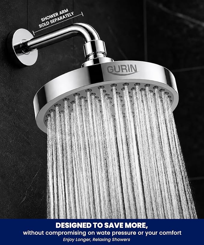 Shower Head - Premium Polished Chrome Finish - Rain Showerhead 6 Inch | High Pressure Shower Heads with Adjustable Angles, 90 Anti-Clog Nozzles, Tool-Free 1-Min Install
