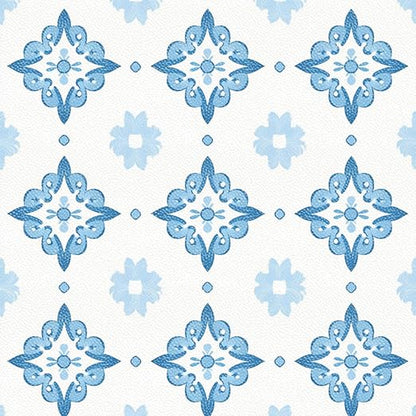 Blue White Floral Geometric Peel and Stick Floor Tiles 12x12 Inch 10PCS | Blue white floral geometric tile pattern vinyl floor stickers for kitchen bathroom entryway and indoor home decor