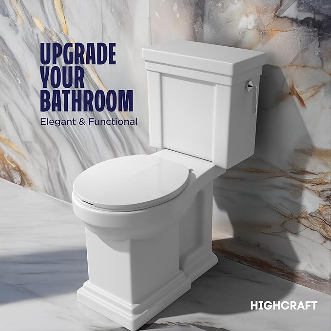 HIGHCRAFT Premium Round Toilet Seat with Adjustable Hinges - Molded Plastic Toilet Seat - Fits Standard Round Toilets - Round Seat in White