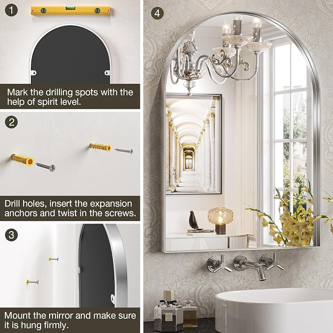 Brightify Metal Framed Arched Wall Mirror, 24 x 36 Inch, Silver, for Living Room, Bedroom, Bathroom, Hallway, Powder Room Decorative | Metal Framed Arched Wall Mirror for Living Room, Bedroom, Bathroom, Hallway, Powder Room