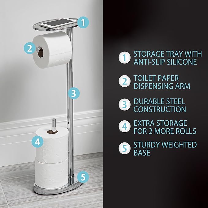 Better Living Ovo Toilet Caddy with Top Shelf, Bathroom Toilet Paper Storage Holder Stand with Dispenser and Reserve for 2 Extra Jumbo Rolls, Metal Freestanding Toilet Paper Roll Holder, Chrome