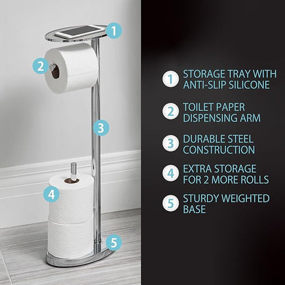 Better Living Ovo Toilet Caddy with Top Shelf, Bathroom Toilet Paper Storage Holder Stand with Dispenser and Reserve for 2 Extra Jumbo Rolls, Metal Freestanding Toilet Paper Roll Holder, Chrome