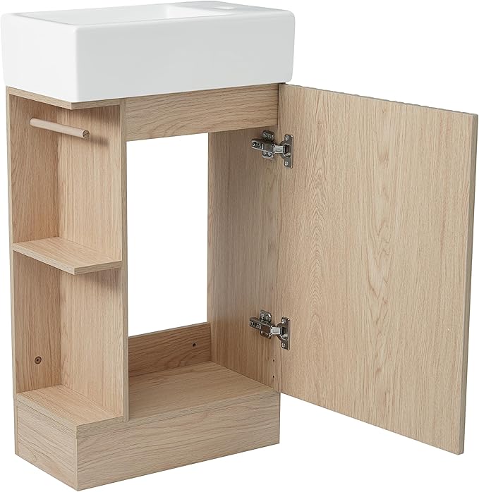 Harper & Bright Designs 18.6" Bathroom Vanity with Sink, Free Standing Single Basin Vanity Set with Storage Cabinet & Two-Tier Shelf, Wooden Bath Cabinet with Ceramic Basin for Bathroom, Natural