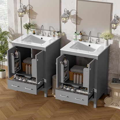 Favfurish 48" Bathroom Vanity with Ceramic Double Sink, Undermount Double Basin Vanity Set w/2 Divided Drawers and 4 Double-Layer Soft Close Doors & Built-in Shelf, Freestanding Storage Cabinet,Gray