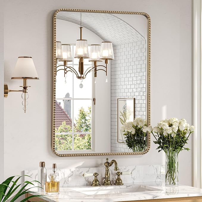24"x30" Champagne Bronze Mirrors for Bathroom, Brass Vintage Bathroom Wall Mirror with Beaded Frame, Gold Beaded Mirror for Vanity Ornate Bedroom