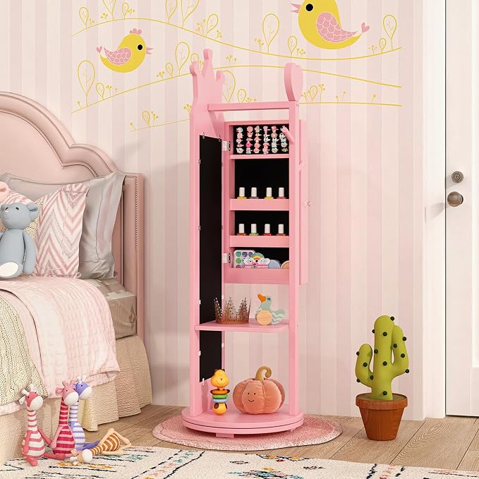 HONEY JOY Kids Jewelry Armoire Cabinet, 360 Degree Swivel Base Wooden Standing Jewelry Organizer w/Full-length Mirror and Clothes Rack, Children Dress Up Jewelry Cabinet for Little Girls (Pink)