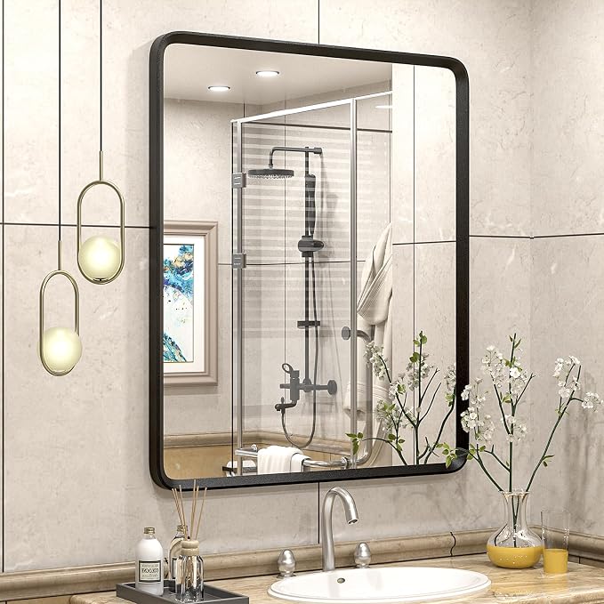 30x36 Black Bathroom Mirror | Black Matte Metal Framed Vanity Mirror, Rounded Rectangle Mirror, Anti-Rust, Shatterproof (Horizontal/Vertical)