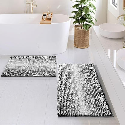 Hearth & Harbor Bathroom Rugs, Chenille Bath Mat - Machine Washable Bath Mats for Bathroom Non-Slip Backing Rubber, Quick Dry Bathroom Mat, 17 x 24 + 20 x 32 - Ombre Black