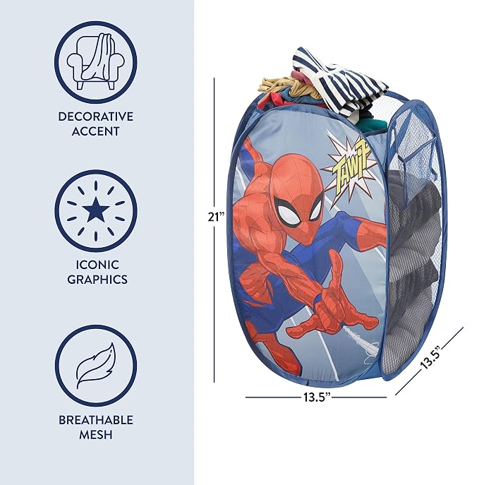 Idea Nuova Spiderman Pop Up Hamper with Durable Carry Handles, 21'' H x 13.5'' W X 13.5'' L