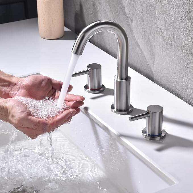 2 Handle Bathroom Faucet, 8 in Brushed Nickel Widespread Bathroom Sink Faucet with Pop Up Drain and Supply Lines, Stainless Steel 3 Hole Bathroom Faucet for Vanity