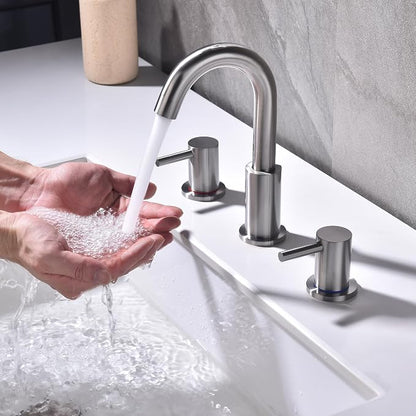 2 Handle Bathroom Faucet, 8 in Brushed Nickel Widespread Bathroom Sink Faucet with Pop Up Drain and Supply Lines, Stainless Steel 3 Hole Bathroom Faucet for Vanity