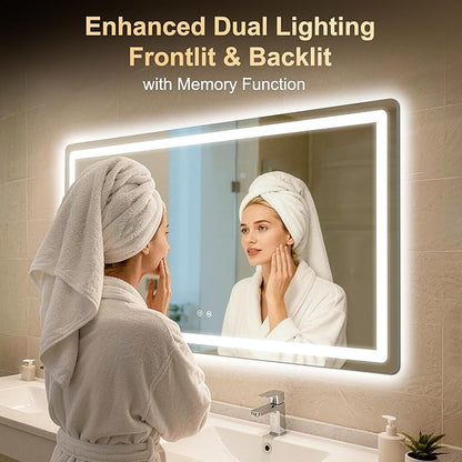 LED Bathroom Mirror, 30"x50" Bathroom Vanity Mirror with Lights for Wall, Smart Anti-Fog, Stepless Dimmable with 3 Color Mode, Backlit + Front Lit, Memory Function, ETL Listed