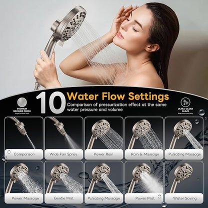 Superior Handheld Shower Head with Magnetic Docking System | 10-Function High Pressure Detachable Shower Head, 5-inch Shower head with 60 Inch Hose, Remote Dock, Brushed Nickel
