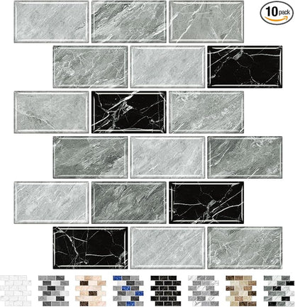 URCOLOR 10-Sheet Peel and Stick Backsplash Tile Sticker for Kitchen,12"x12" Self Adhesive Subway Wall Tiles Stick on Back Splashes for Bathroom Gray Black Marble Design