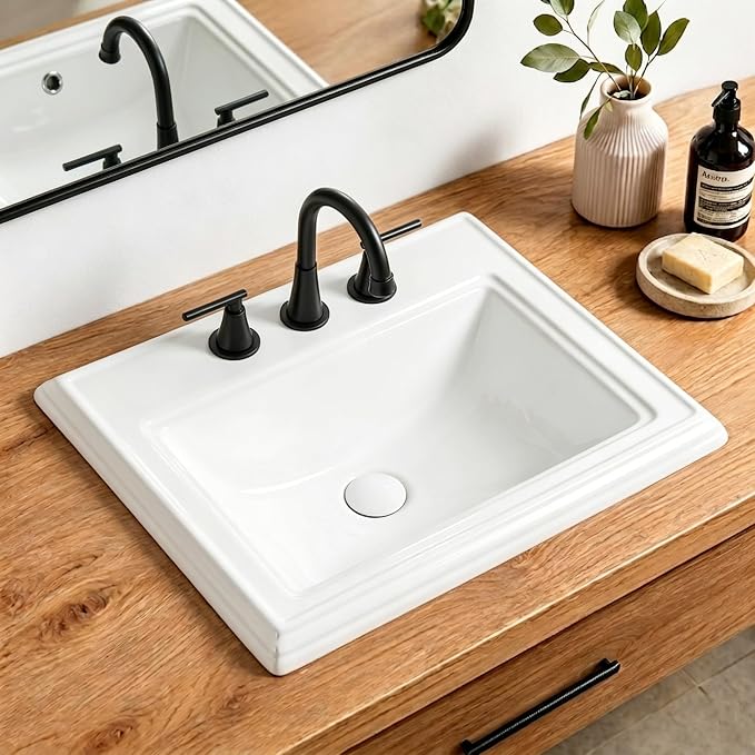 23" Drop-in Bathroom Sink with 8" Widespread 3 Hole Ceramic Basin | 23.2"x18.3”,White Ceramic Rectangle Semi-recessed Vanity Basin, Self-Rimming for Modern Bathroom Remodel and Home Renovation