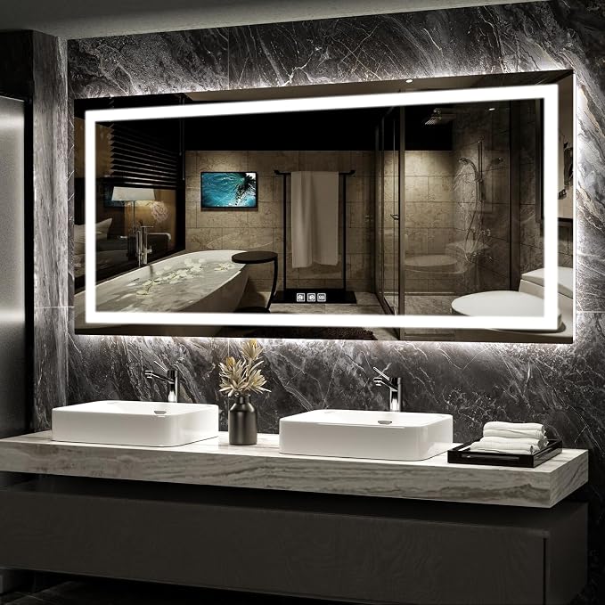 LED Mirror for Bathroom, 72x36 Inch Backlit + Front Lighted | Bathroom Vanity Mirror with Lights for Wall, Double Light Strips, 3 Colors, Shatter-Proof, Anti-Fog and Brightness Memory