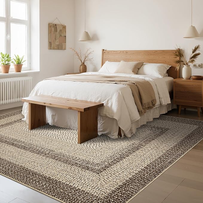 Imitation Braided Collection-Print Large Washable Rug 9x12 Non-Slip Rugs for Living Room, Natural Bordered Carpet, Stain Resistant Thin Foldable Floor Cover Bedroom for Nursery Dining Room