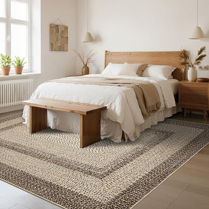 Imitation Braided Collection-Print 10x13 Area Rug for Living Room Large Washable Rug with Non-Slip Rubber Backing, Non-Shedding Stain Resistant Thin Foldable Carpet - Brown/Natural