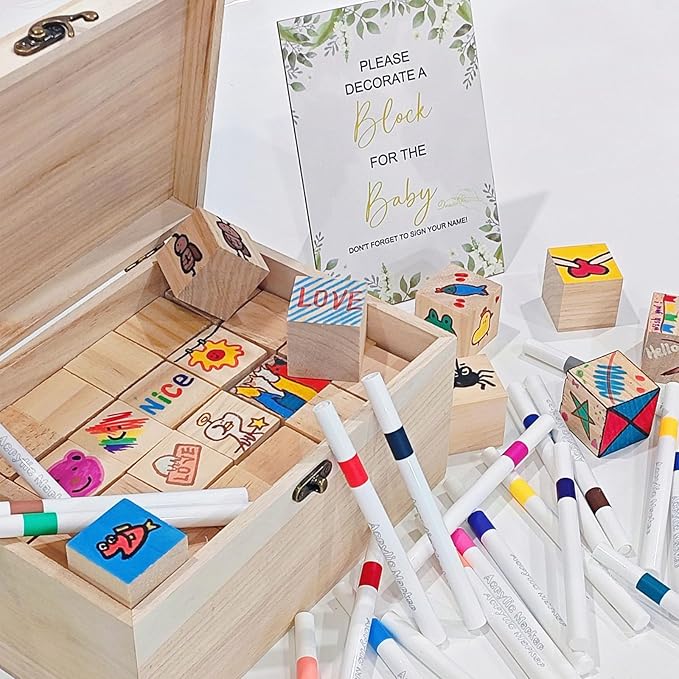 EIGTWEN 78 PCS Fun Baby Shower Games Sign Kit, Baby Blocks for Baby Shower | Blank Wooden Blocks, Games for Guest, Funniest Games Ever, Suitable for Boy and Girls, Fun Activities and Ideas