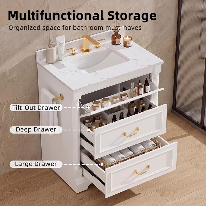 YESHOMY 30" Bathroom Vanity with Sink, Marble-Look Countertop, White | Freestanding Storage Cabinet with Ceramic Basin, Tilt-Out Drawer and Additional Drawers for Bathroom