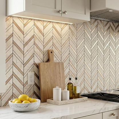 Yipscazo 10-Sheet Herringbone Backsplash Peel and Stick Tile, Light Beig Stone PVC Stick on Backsplash for Kitchen, Waterproof Self Adhesive Wall Tile for Bathroom