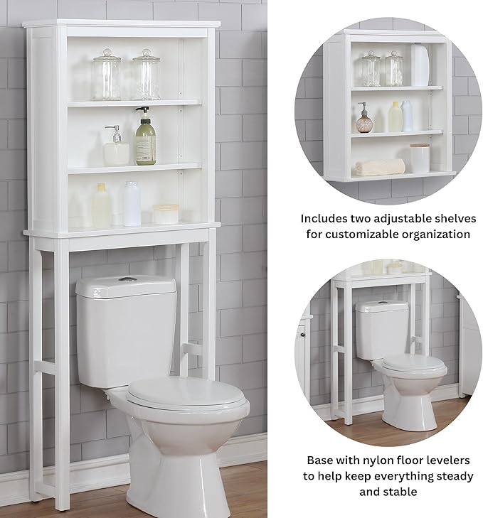 Alaterre Furniture Dorset Over-the-Toilet Storage Cabinet Set – Space-Saving Open Wall Cabinet with Adjustable Shelves, Zinc Metal Hinges, and Nylon Floor Levelers (White)