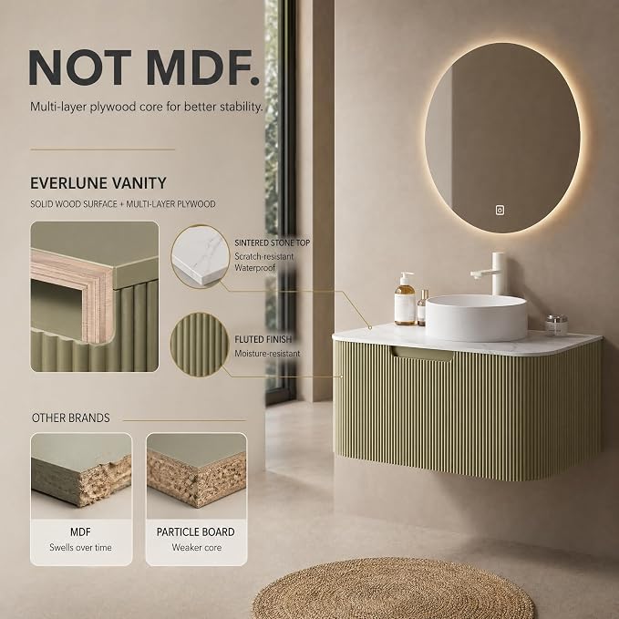 30 Inch Bathroom Vanity with Sink, Floating Wall Mounted Single Sink Vanity, Sage Green Curved Fluted Front, Stone Top, Pure White Round Vessel Basin, Pre-Assembled