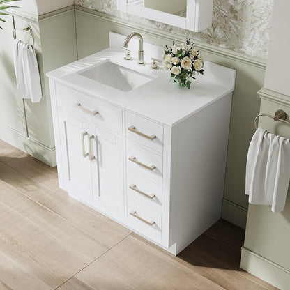 36-Inch Bathroom Vanity with Sink W/ 2 Doors & 4 Drawers & 1 Flip Drawer, White Vanity W/Brushed Nickel Handles