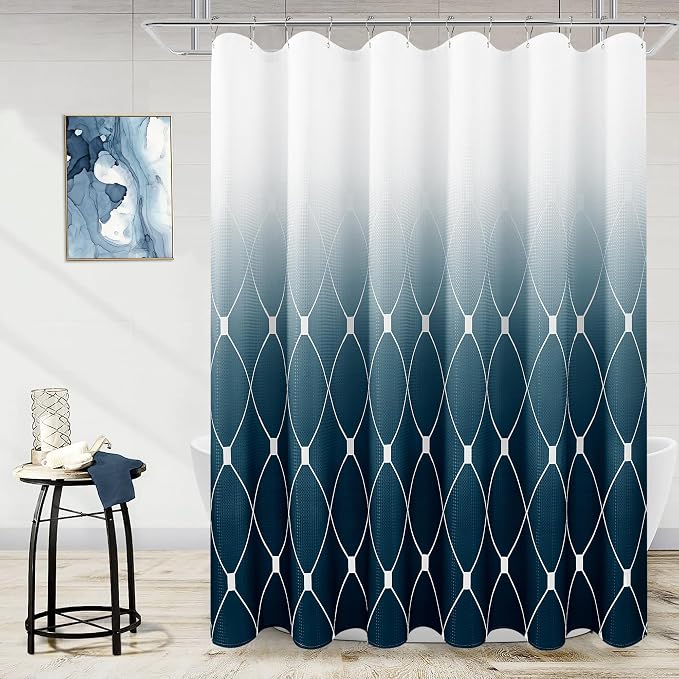 Navy and White Ombre Shower Curtain Set for Bathroom,Geometric Pattern Bathroom Curtains with 12 Hooks,Waterproof Shower Curtain, Durable and Machine Washable, 72 x 84 inches, Navy Blue