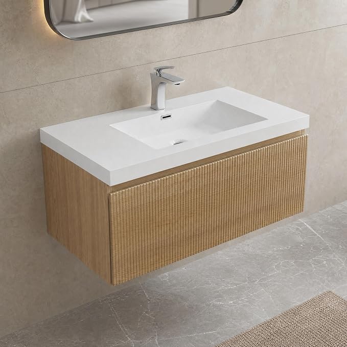 Floating Bathroom Vanity, 36" Wall Mounted Bathroom Cabinet with Glossy White Stone Resin Sink & U-Shaped Soft-Close Drawer, Pre-Assembled Striped Storage Vanity for Bathroom, Natural Wood