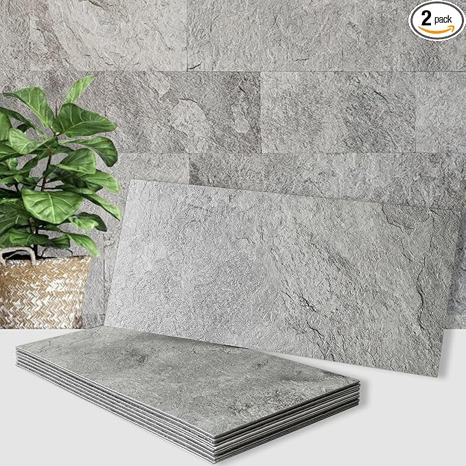 AULIGET 2-Piece Dark Slate Peel and Stick Backsplash Wall Tiles, 6" x 12" PVC Faux Stone Stick on Tiles for Backsplash Kitchen, Bathroom, Laundry Room, Camper, Fireplace