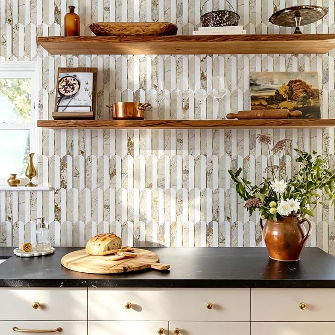 Vamos Tile Peel and Stick Backsplash, Fish Scale, Glossy, 10 pcs | 11.9''x10.8'',White & Pandora PVC+Light Gold Stick on Backsplash Tile for Kitchen & Bathroom & Laundry & Camper