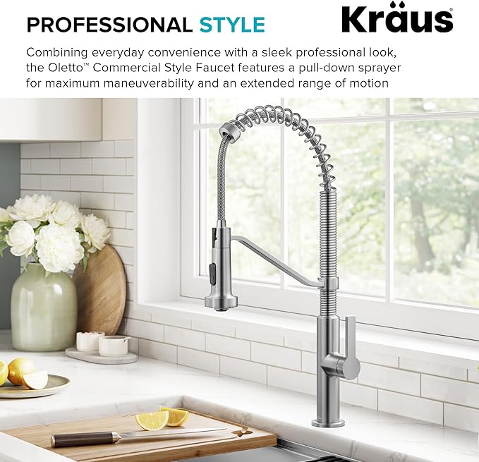 KRAUS Oletto Commercial Style 2-Function Single Handle Pull Down Kitchen Faucet in Spot-Free Stainless Steel, KPF-2643SFS