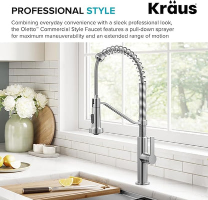 KRAUS Oletto Commercial Style 2-Function Single Handle Pull Down Kitchen Faucet in Spot-Free Stainless Steel, KPF-2643SFS